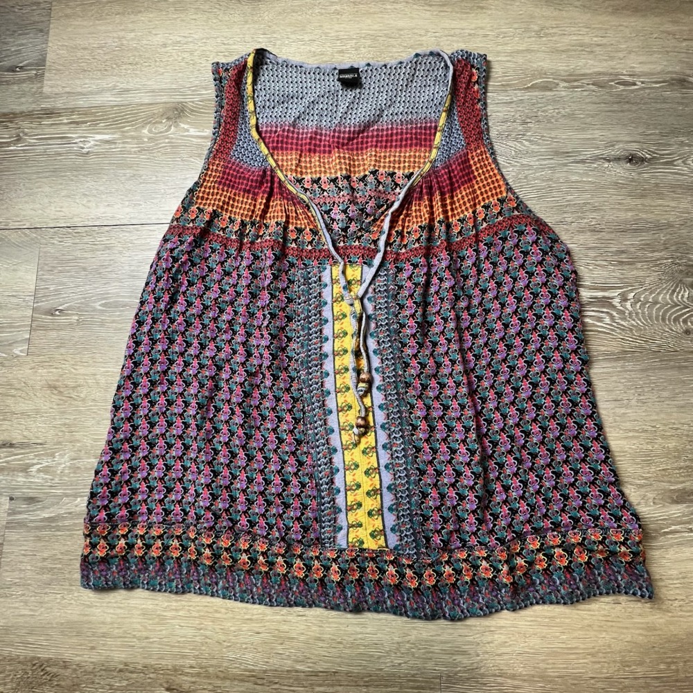 Mandala Tank Women S/M Multi Color Boho Rayon Beaded Tassel Split Neck Blouse